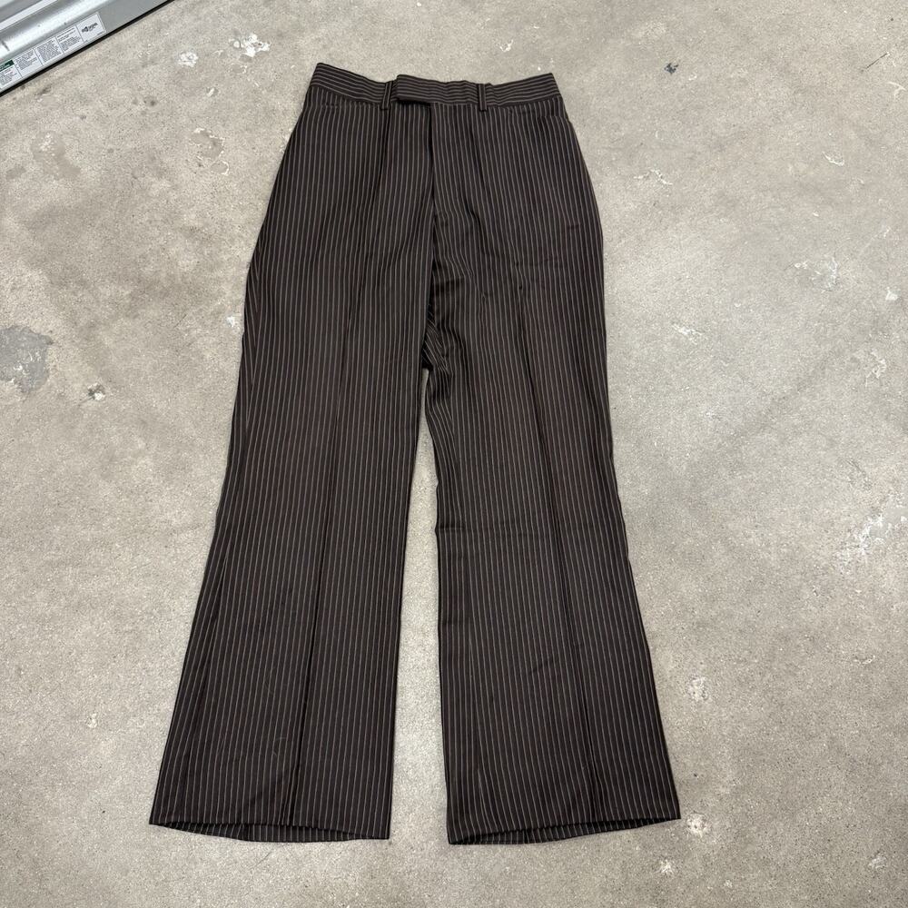 Vintage 80s Pinstripe Disco Flare Rockabilly Brown Mid Rise Pants Mens 29x30